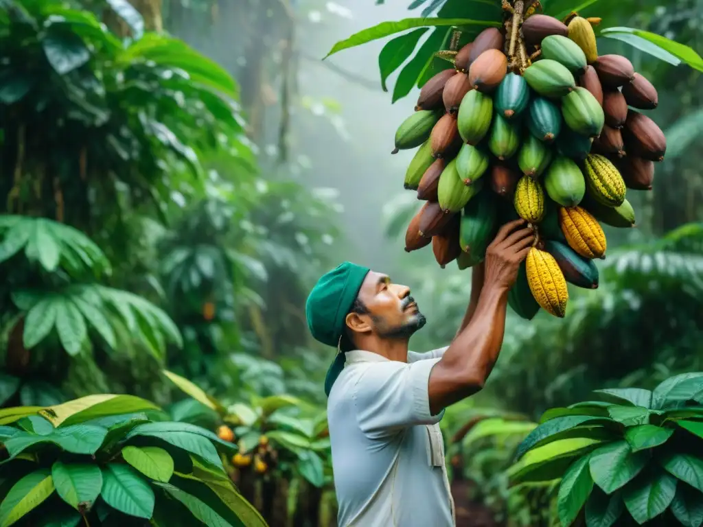 Colorida escena de cosecha de cacao en la selva, con gran detalle y trabajadores indígenas