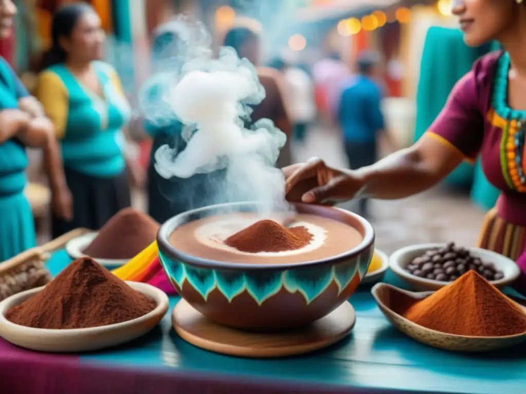 Colorida escena de mercado maya con mujeres indígenas vendiendo cacao y chocolate artesanal