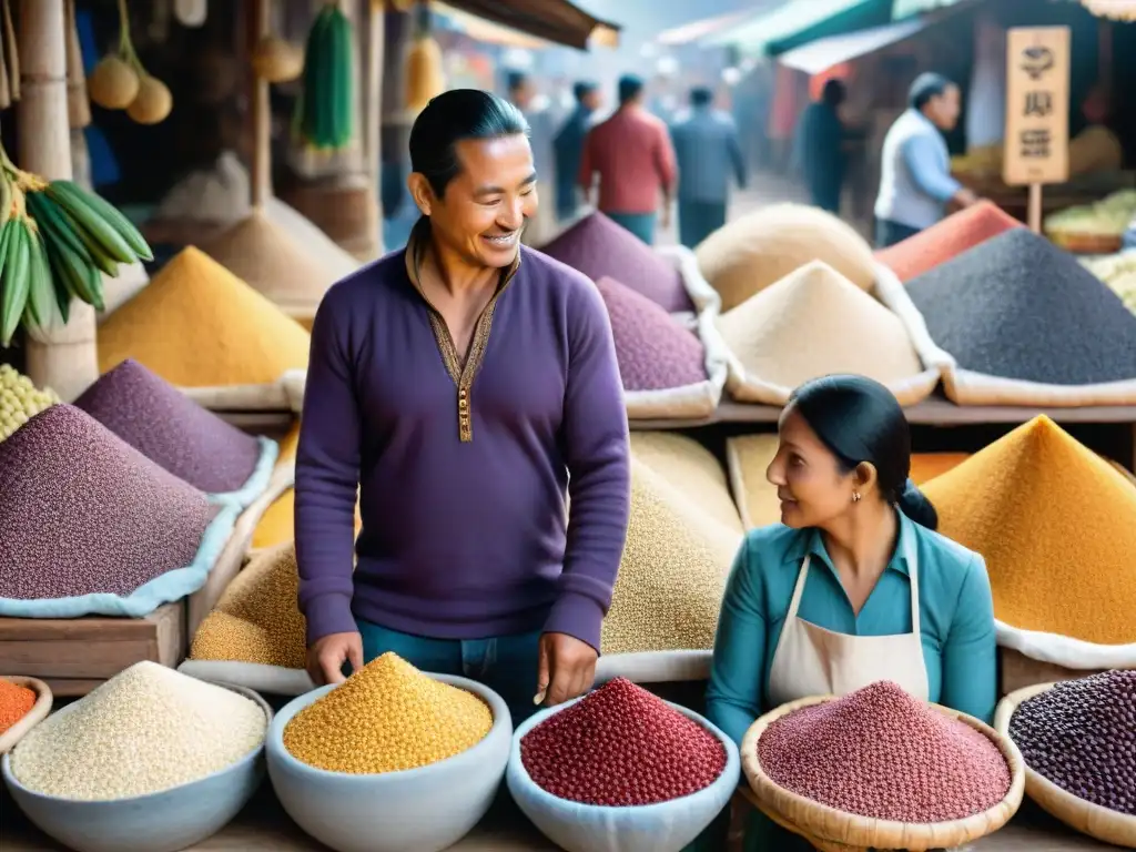 Colorida escena de mercado tradicional en pueblo sudamericano, con vendedores de alimentos ancestrales