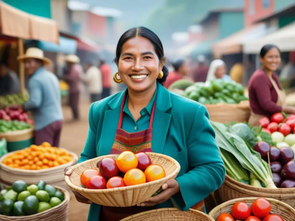 Colorida feria con agricultores indígenas mostrando sus productos