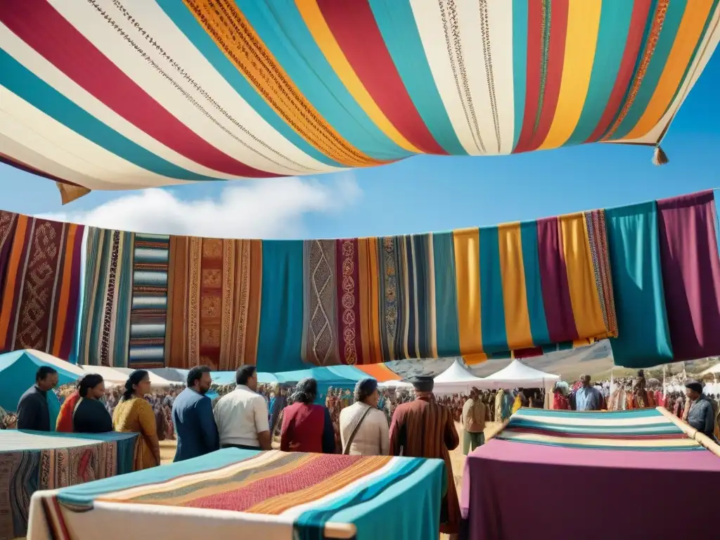 Colorida feria de textiles indígenas con artesanos y visitantes admirando los tejidos artesanales en vibrante exposición