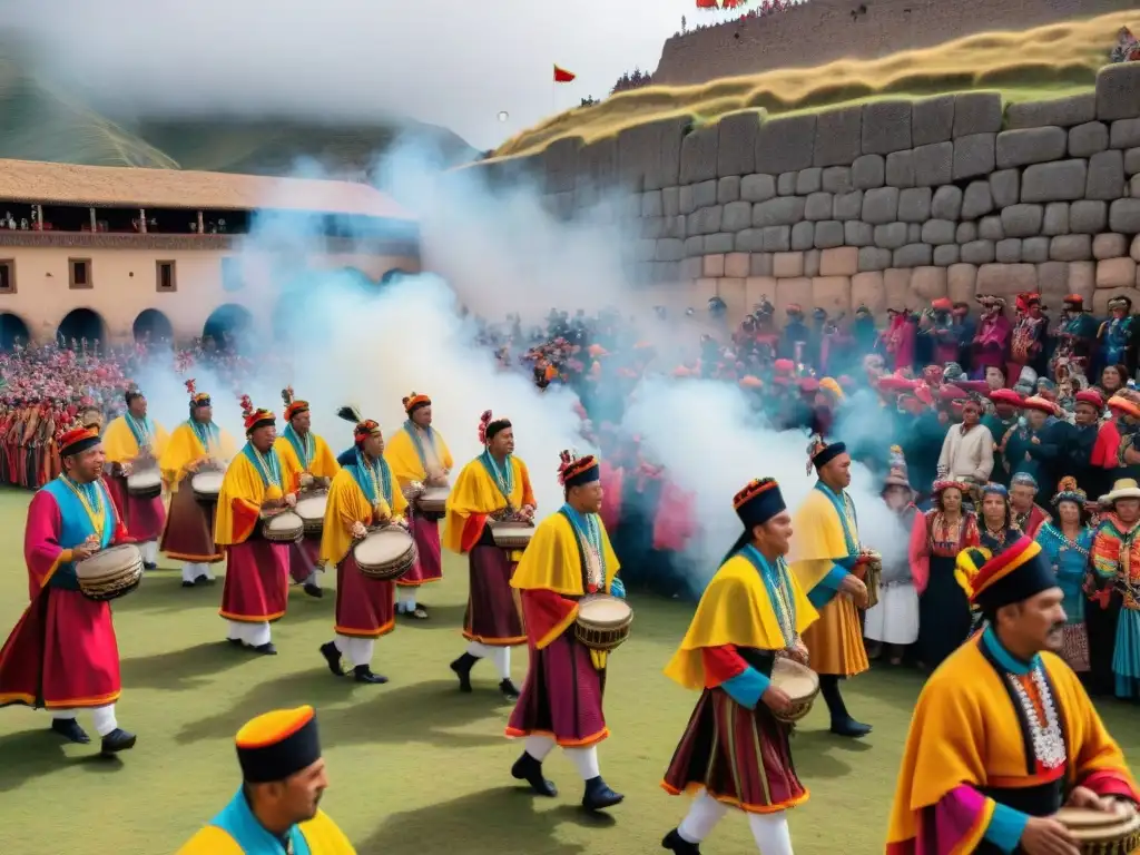 Colorida procesión en el festival Inti Raymi en Cusco, Perú, con vestimenta andina y ruinas incas de fondo