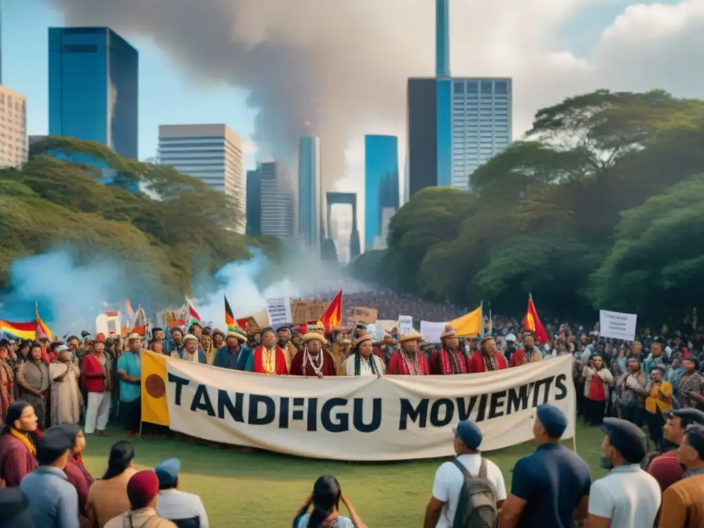 Manifestación colorida con líderes indígenas y seguidores diversos unidos en protesta pacífica