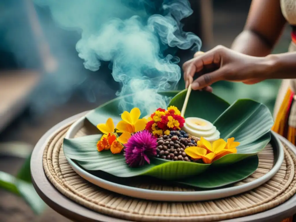 Una colorida presentación de platos festivales indígenas con detalles meticulosos y vibrantes ingredientes locales