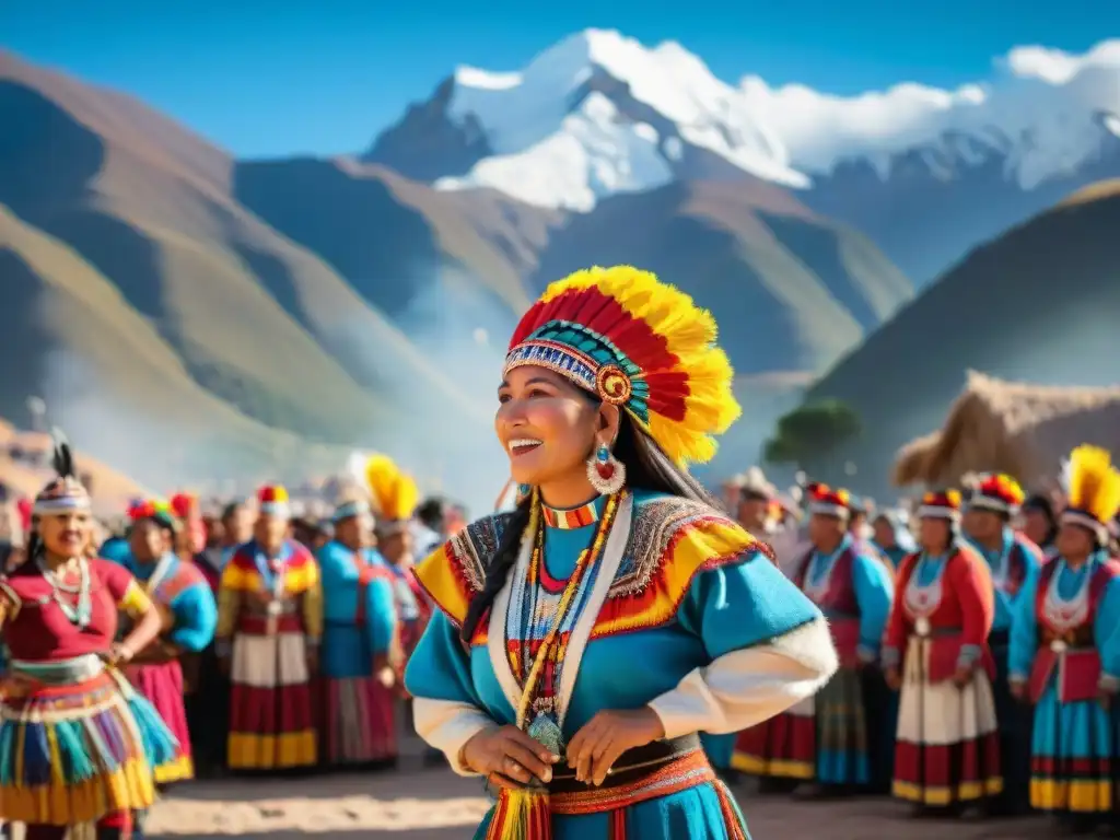 Coloridas festividades andinas: bailarines indígenas en trajes vibrantes danzan bajo el cielo azul y los imponentes Andes