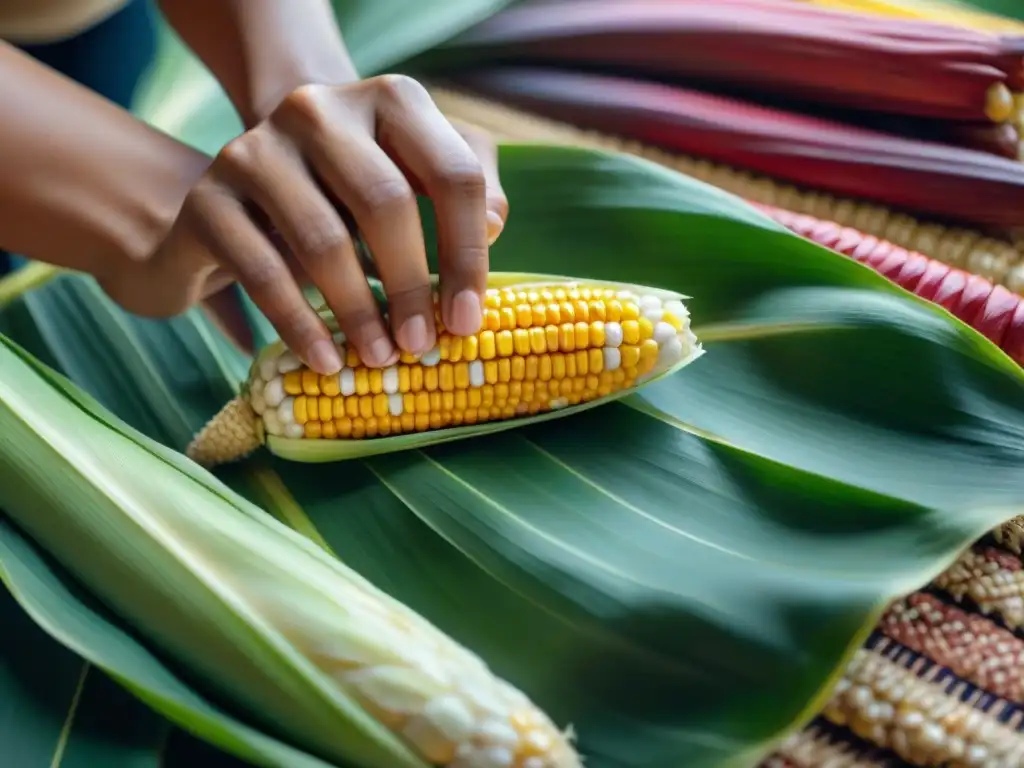 Maíz colorido en patrón indígena sobre estera de palma, resalta diversidad de alimentos indígenas