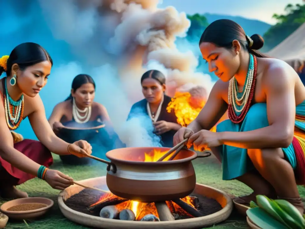 Colorido festival indígena con platos antiguos cocinándose alrededor de una fogata comunitaria