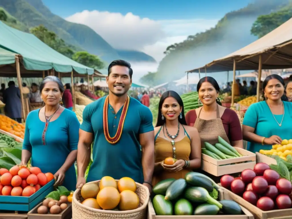 Colorido mercado al aire libre con artesanos y agricultores indígenas mostrando sus productos tradicionales