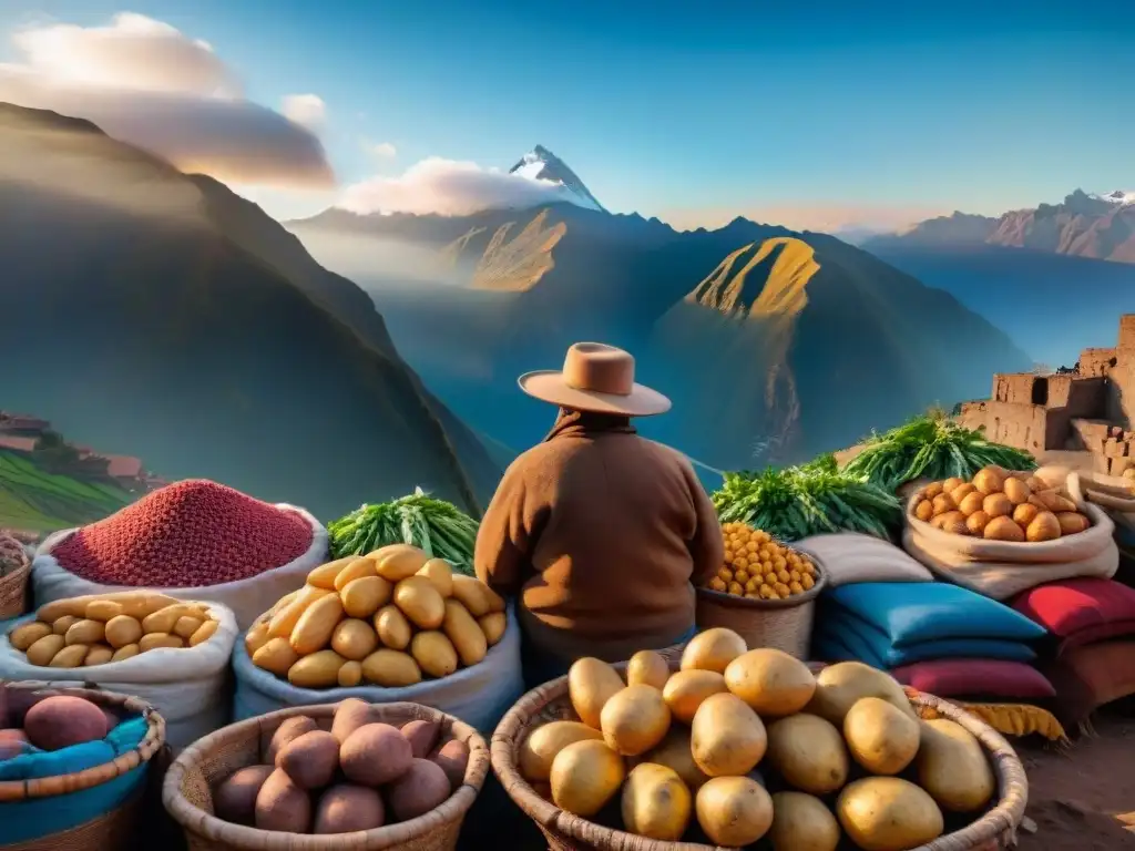 Colorido mercado andino con variedades de papa nativa, agricultores indígenas y montañas al atardecer