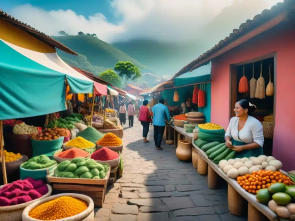 Colorido mercado latino con artesanías y productos orgánicos, promoviendo el comercio justo y beneficiando a comunidades indígenas