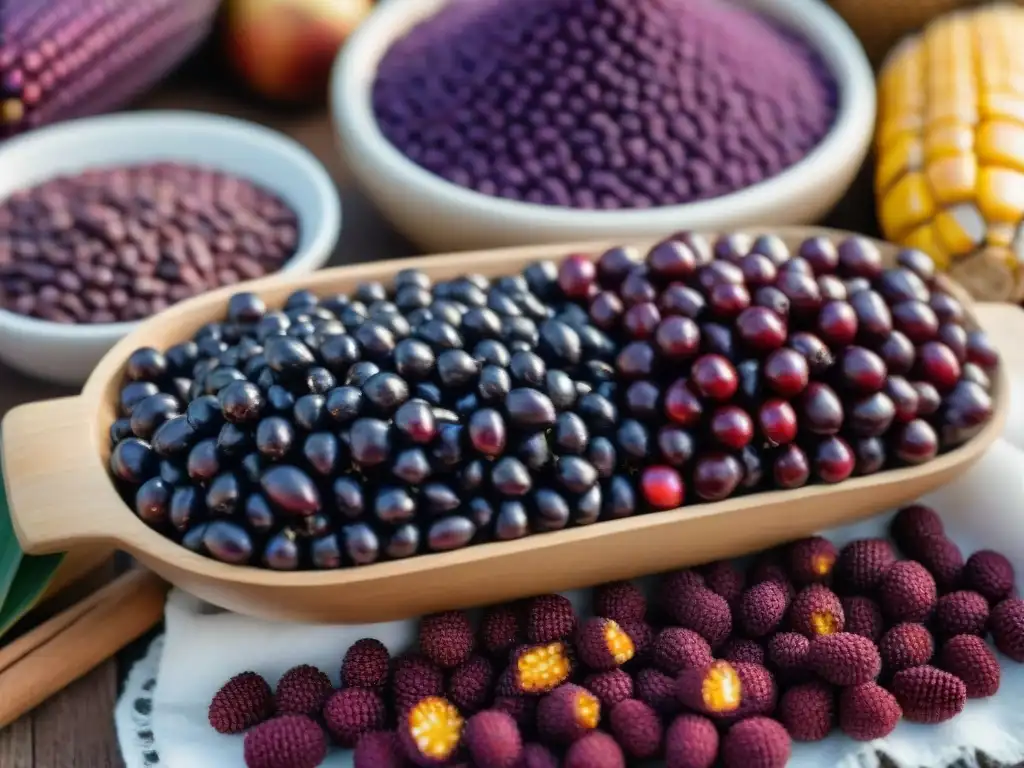 Colorido puesto de mercado peruano con maíz morado, canela y piña, ingredientes clave de la Chicha Morada