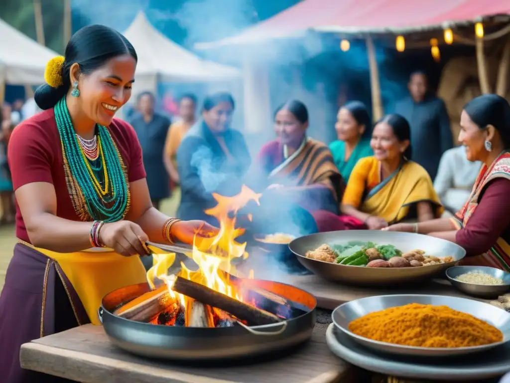 Coloridos festivales gastronómicos indígenas: mujeres preparando platos tradicionales entre risas y cuentos ancestrales