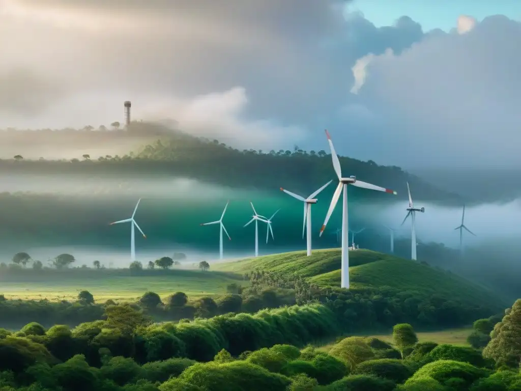 Colisión verde: bosque versus molinos de viento en contexto colonial Colosal contraste entre bosque exuberante y turbinas eólicas, simbolizando el colonialismo en la economía verde