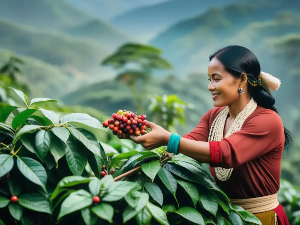 Comercio justo comunidades indígenas: Agricultores recolectando café en la selva, uniendo tradición y naturaleza