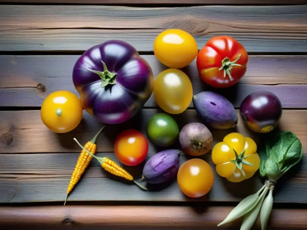 Ingredientes indígenas: colores y sabores auténticos en alta resolución Una composición colorida de ingredientes indígenas en una mesa rústica