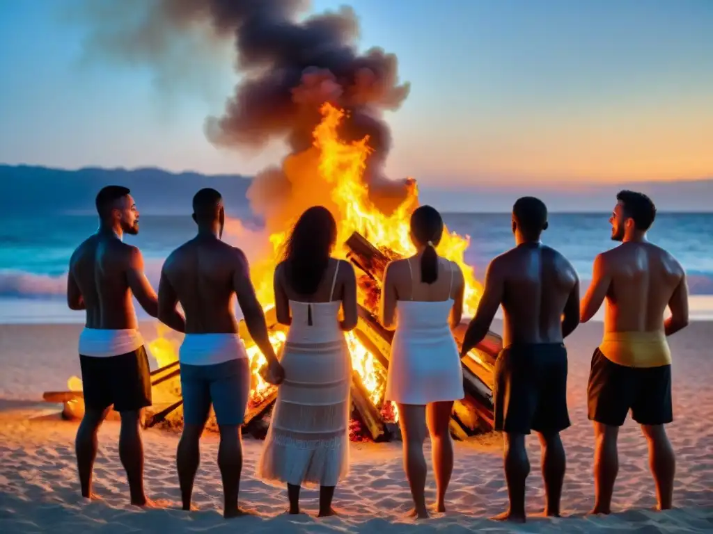 Comunidad feliz celebra rituales ancestrales noche San Juan alrededor de fogata en la playa, saltando de alegría sobre las llamas