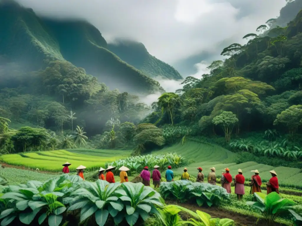 Comunidad indígena practicando agricultura sostenible en la selva