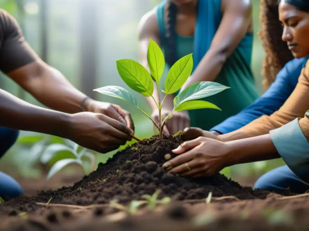 Comunidad indígena planta árboles en bosque exuberante