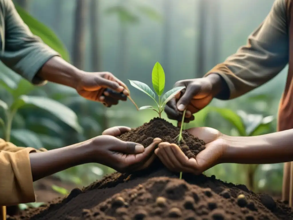 Comunidad indígena plantando árboles en un bosque frondoso