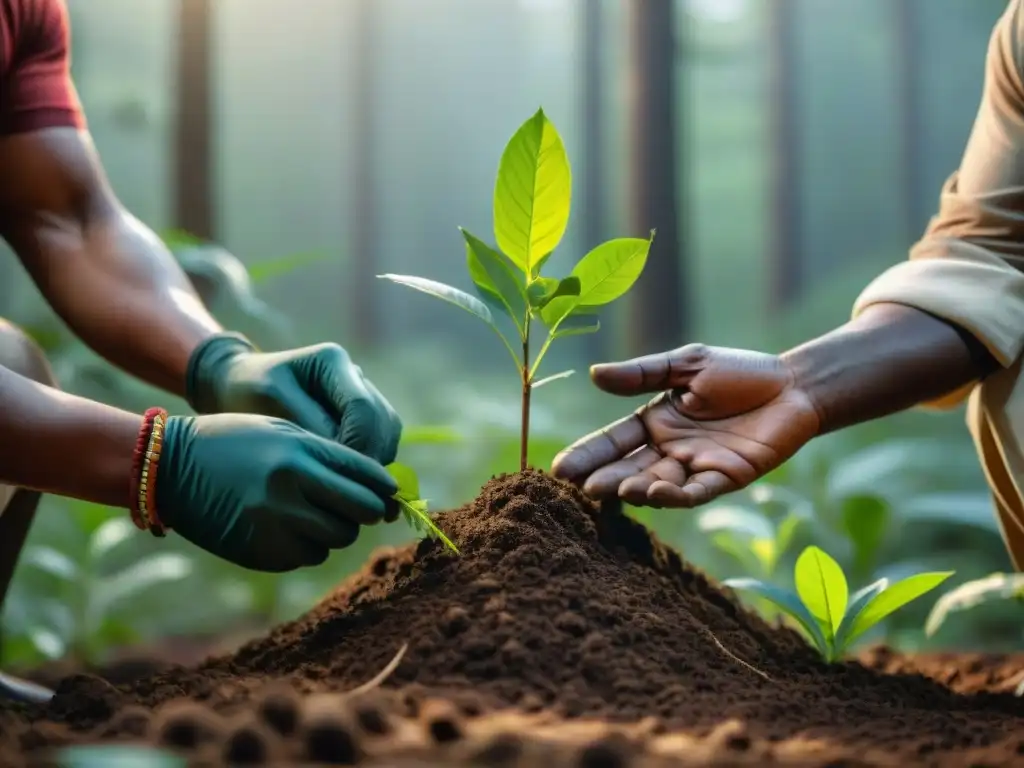 Comunidad indígena plantando árboles en el bosque, resaltando la importancia de su labor en la conservación ambiental