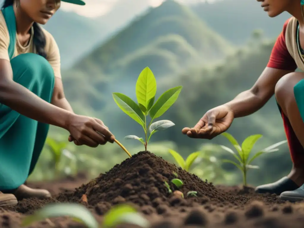 Comunidad indígena plantando árboles en bosque exuberante