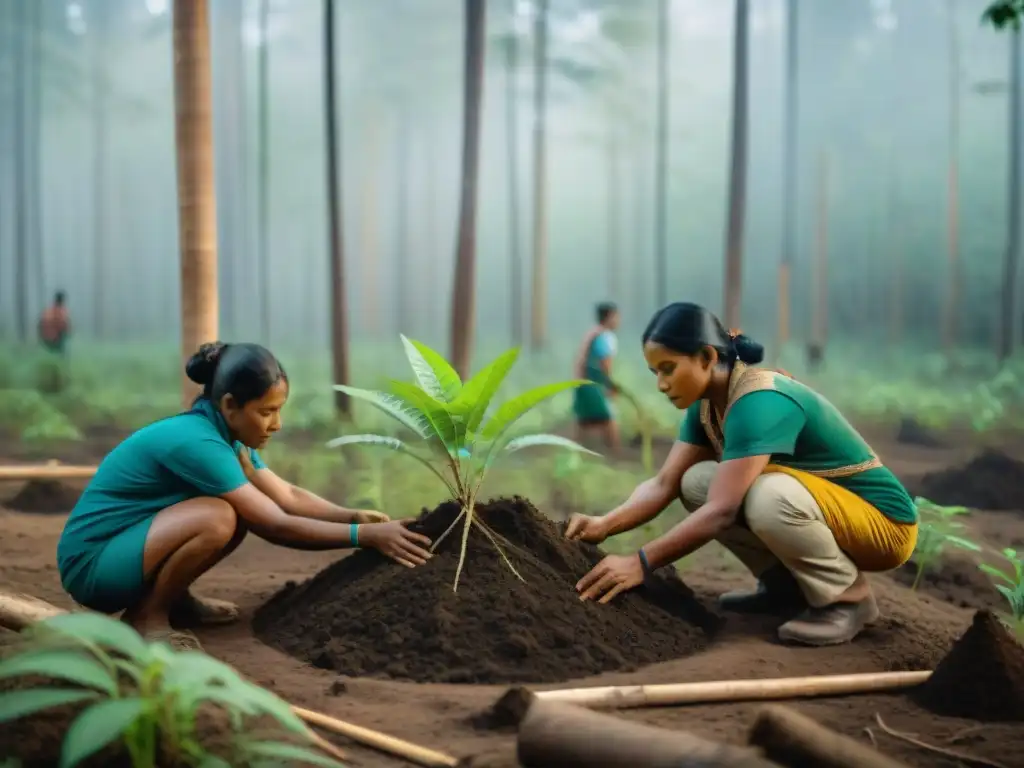 Comunidad indígena plantando árboles en bosque exuberante