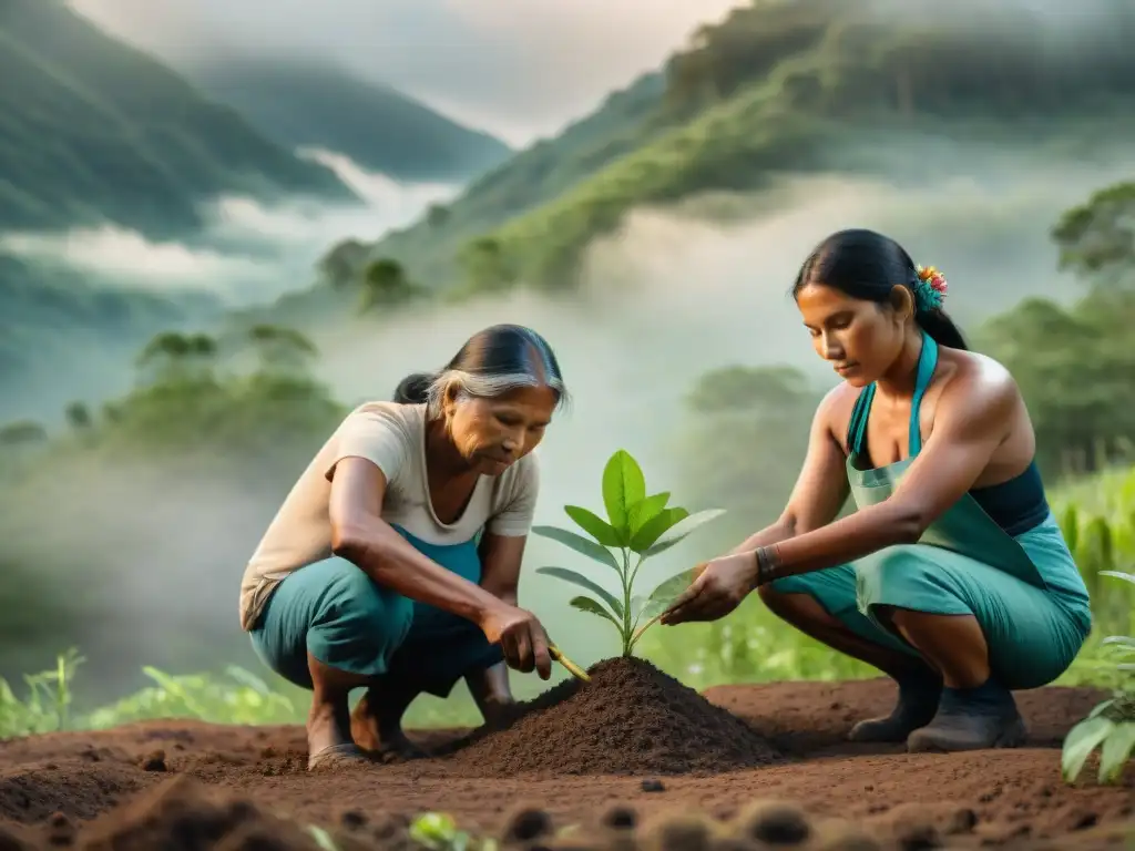 Comunidad indígena plantando árboles en bosque exuberante