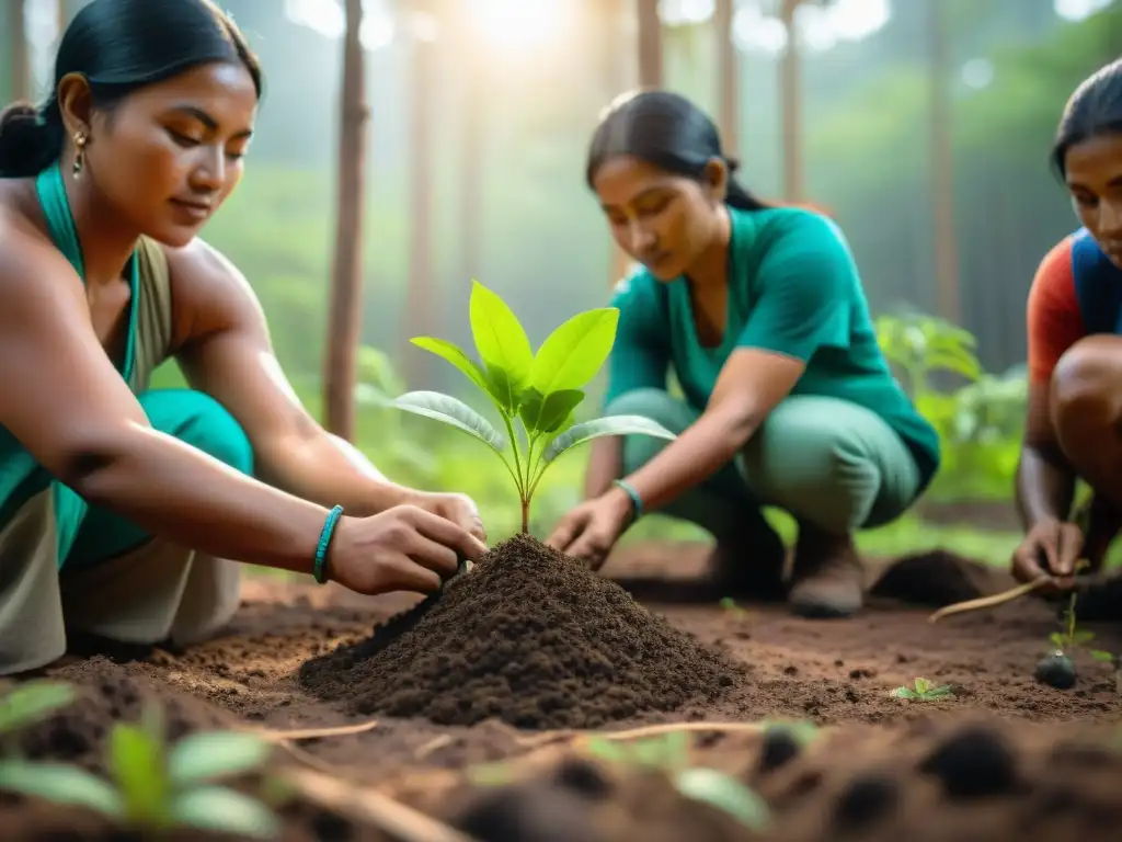 Comunidad indígena planta árboles en bosque: vibrantes colores y conexión a la tierra