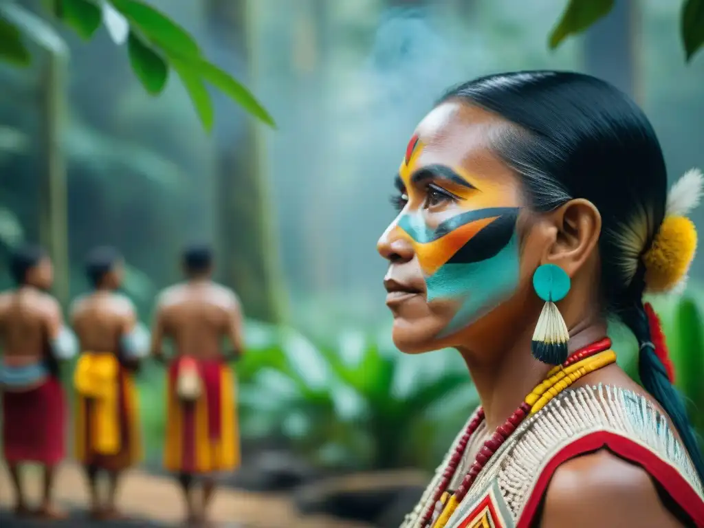 Celebración de revitalización lingüística en una comunidad indígena, con atuendos coloridos y pintura facial, en la selva