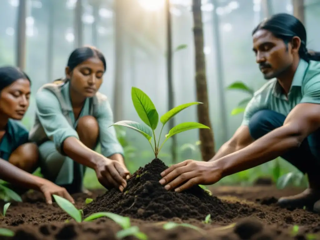 Comunidad indígena reforestando el bosque con cuidado y dedicación, resaltando su conexión con la tierra y la naturaleza