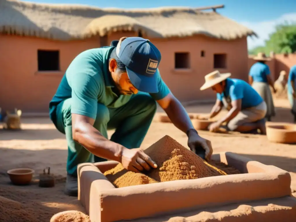 Comunidad indígena construyendo casa de adobe con técnicas constructivas indígenas, armonía con la arquitectura verde