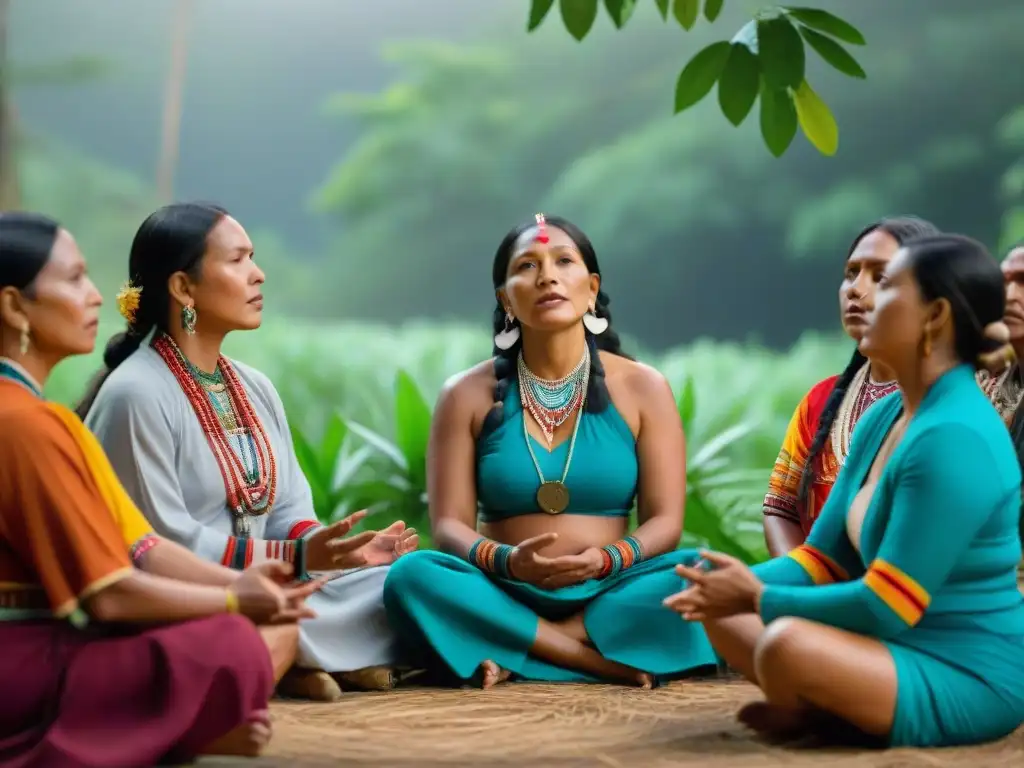 Comunidad indígena en ceremonia de canto sanador rodeada de naturaleza