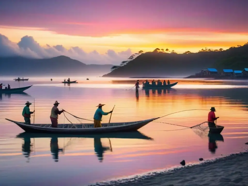 Una comunidad indígena costera pesca al amanecer con redes, en armonía con la naturaleza