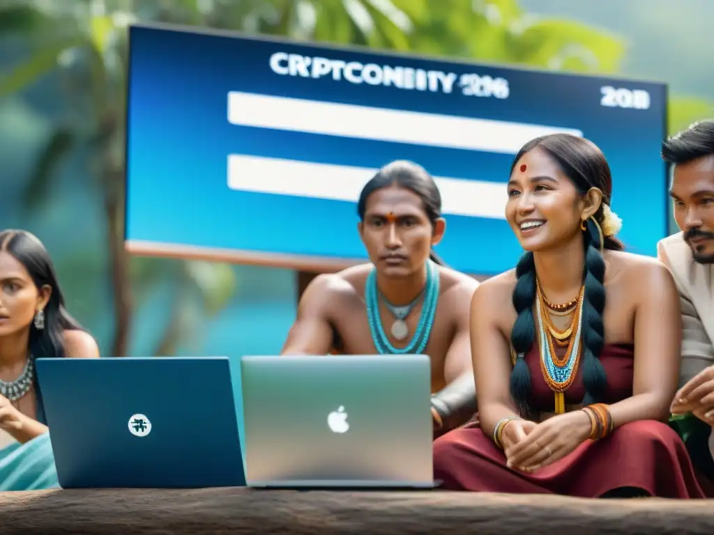 Comunidad indígena discute adopción de criptomonedas frente a laptop solar