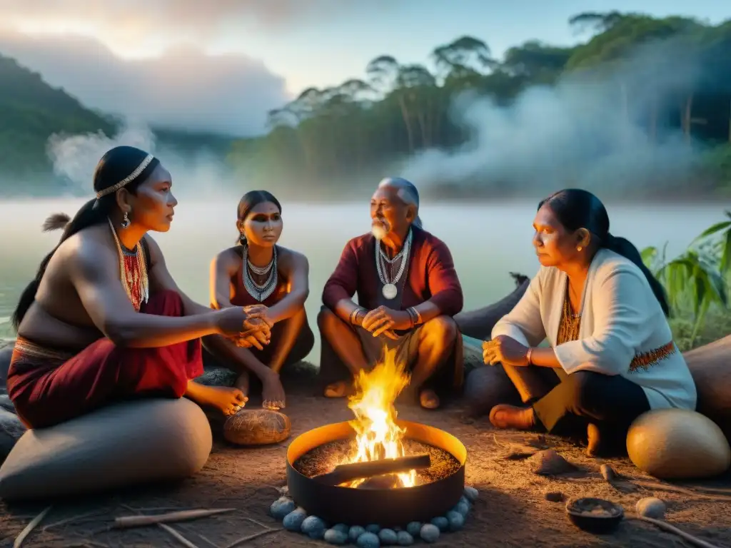 Una comunidad indígena diversa se reúne alrededor de un fuego en la selva, mostrando lucha, sostenibilidad y riqueza cultural