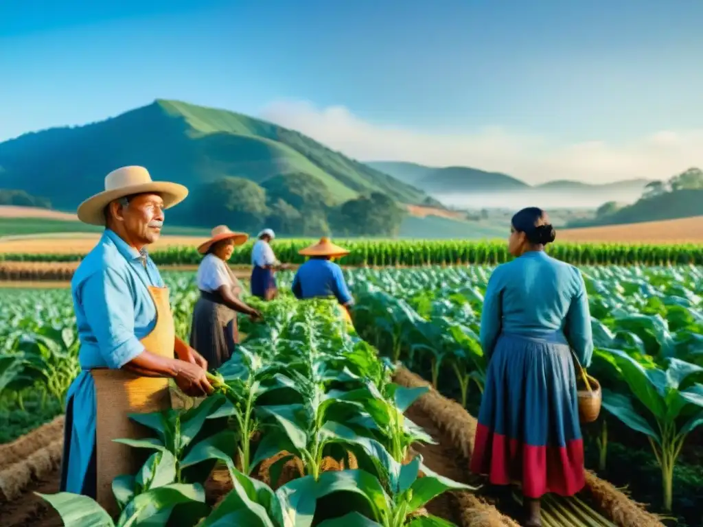 Una comunidad indígena diversa y vibrante practica la rotación de cultivos en un campo soleado, reflejando su rico patrimonio cultural