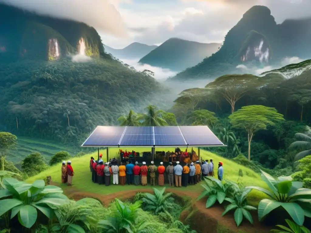 Comunidad indígena en América con energías renovables, admirando panel solar en la selva