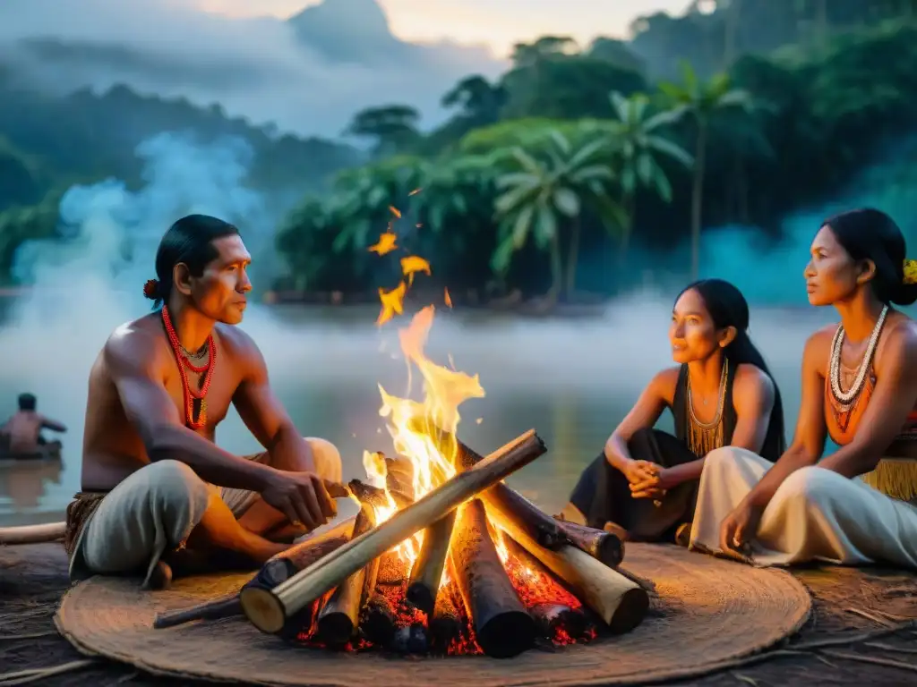 Una comunidad indígena amazónica se reúne alrededor de una fogata, compartiendo historias en su idioma nativo