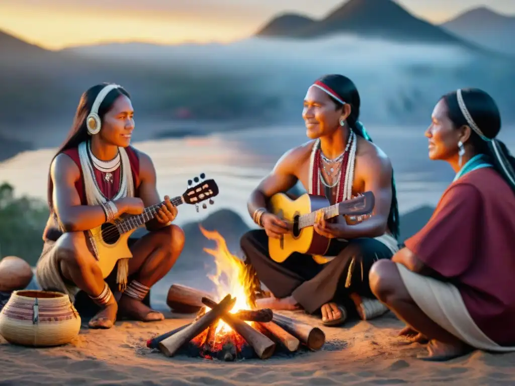 Una comunidad indígena se reúne alrededor de una fogata, tocando instrumentos tradicionales y cantando mientras el atardecer ilumina la escena