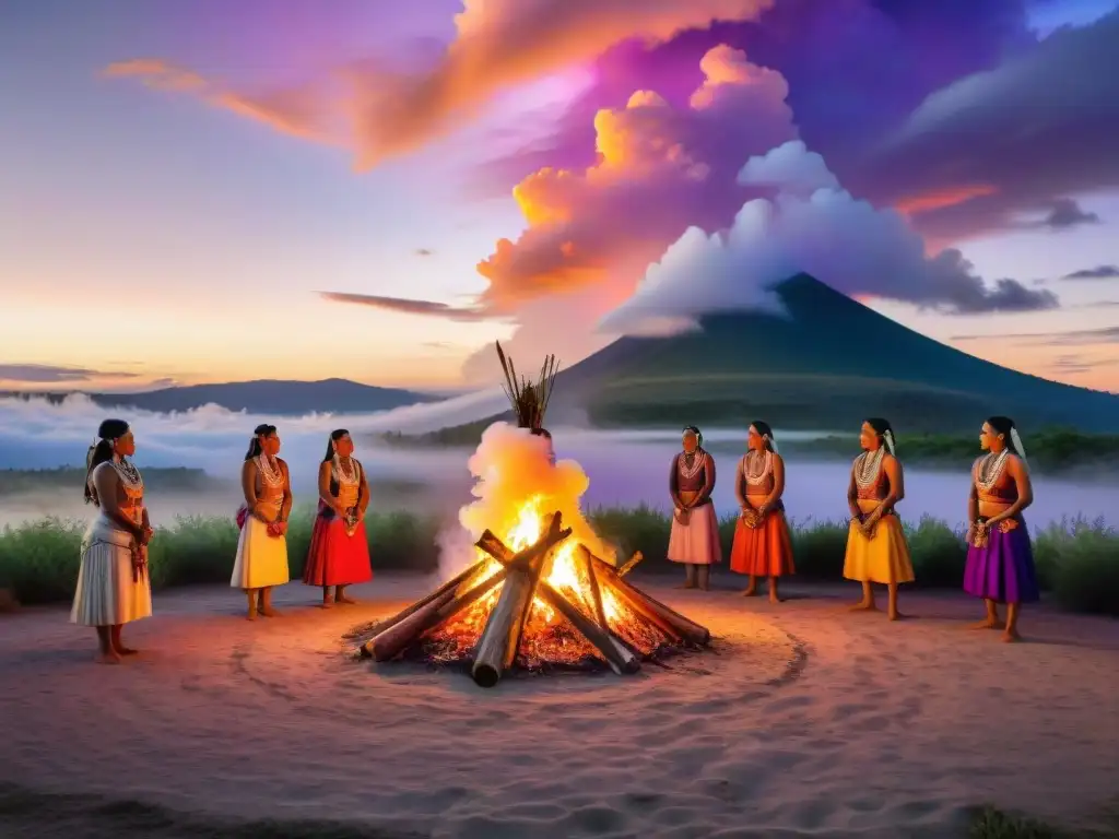 Una comunidad indígena se reúne alrededor de una fogata tradicional, vistiendo ropas coloridas y danzando al atardecer