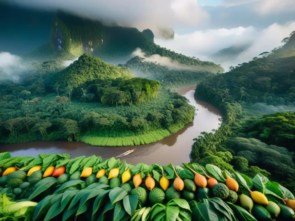 Una comunidad indígena cosechando frutas y vegetales en la exuberante selva amazónica