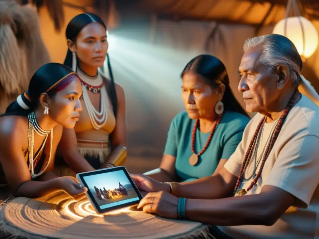 Comunidad indígena comparte historias ancestrales alrededor de una tablet, tecnología preservación tradiciones indígenas