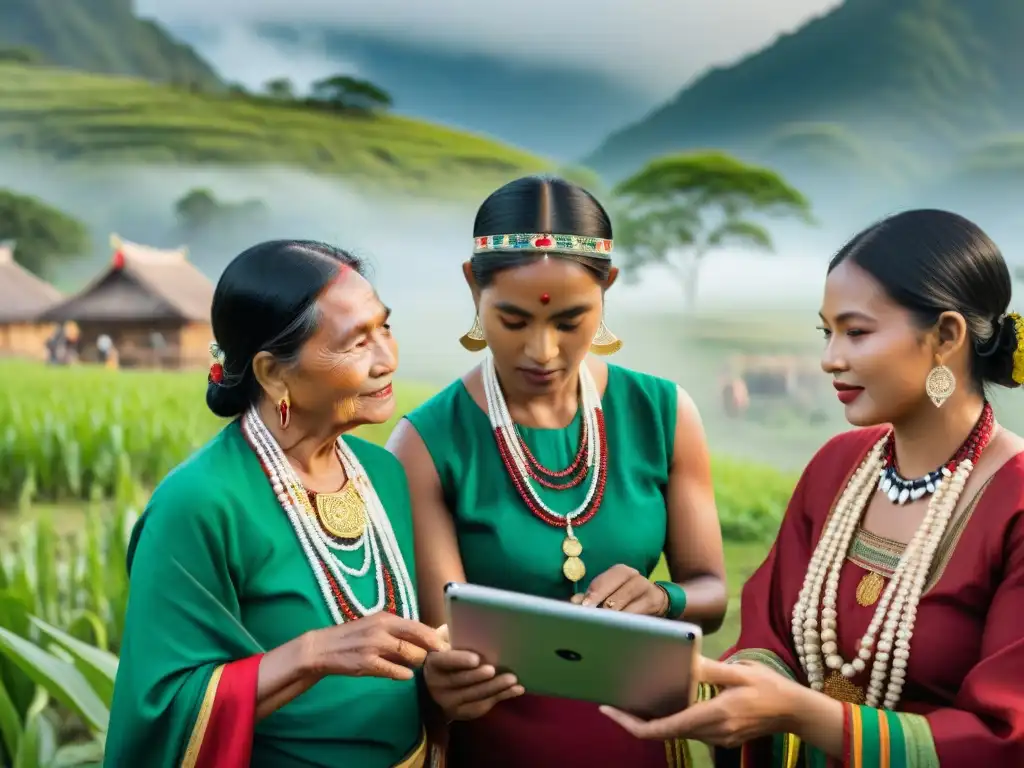 Comunidad indígena interactuando con app turística Comunidad indígena interactúa con app de turismo cultural, fusionando historia indígena y modernidad en paisaje verde vibrante