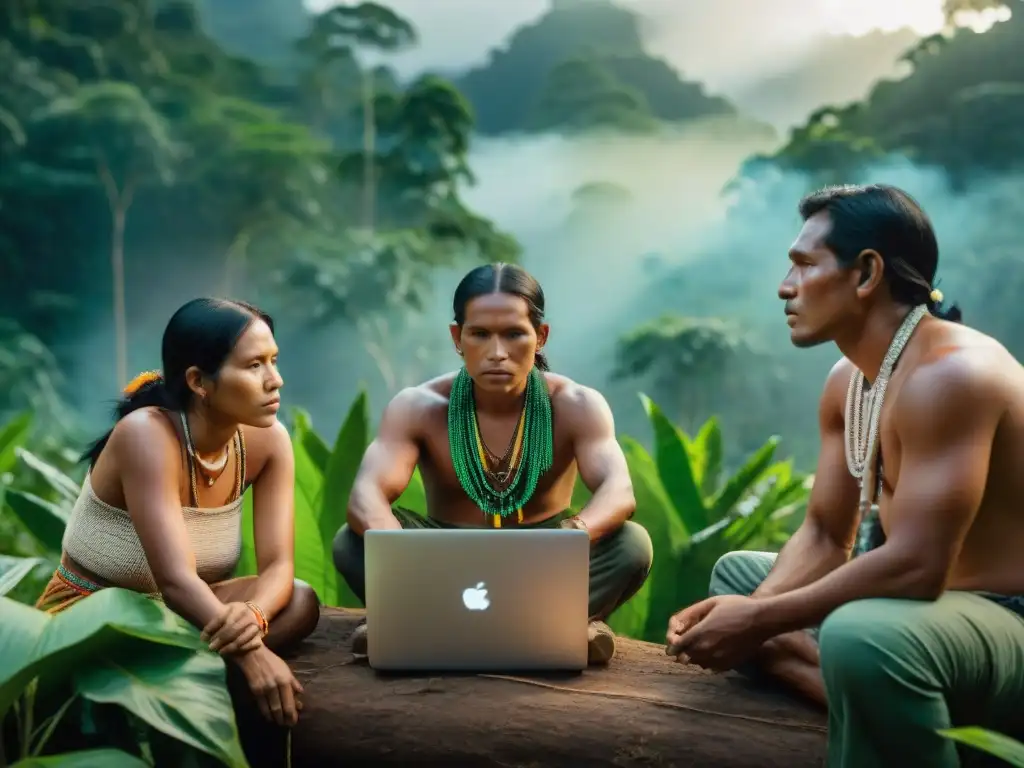 Comunidad indígena en luchas contemporáneas, reunida alrededor de una laptop en la selva amazónica