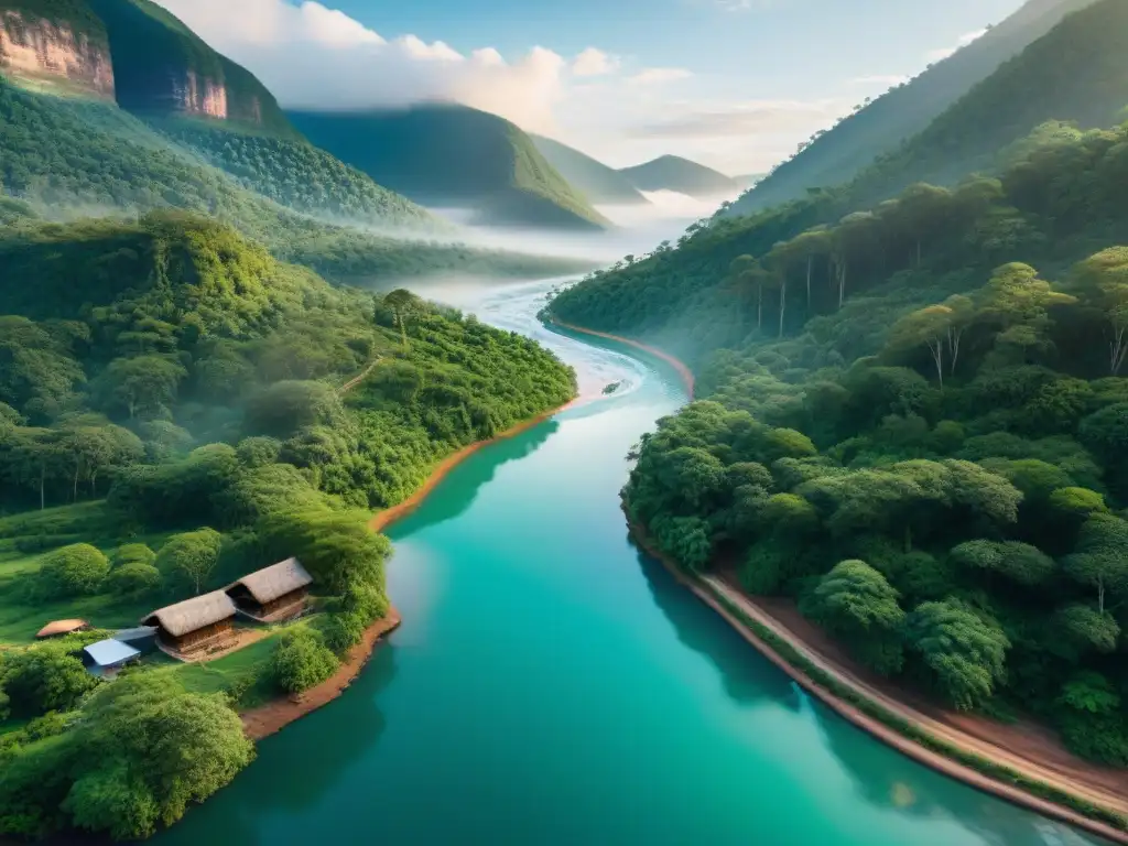 Comunidad indígena en armonía con la naturaleza, reflejada en un río sereno