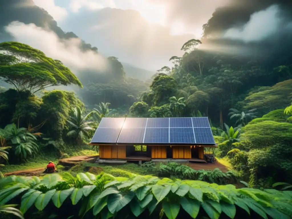 Una comunidad indígena instala paneles solares en sus chozas en la exuberante selva, simbolizando la esperanza de un futuro sostenible