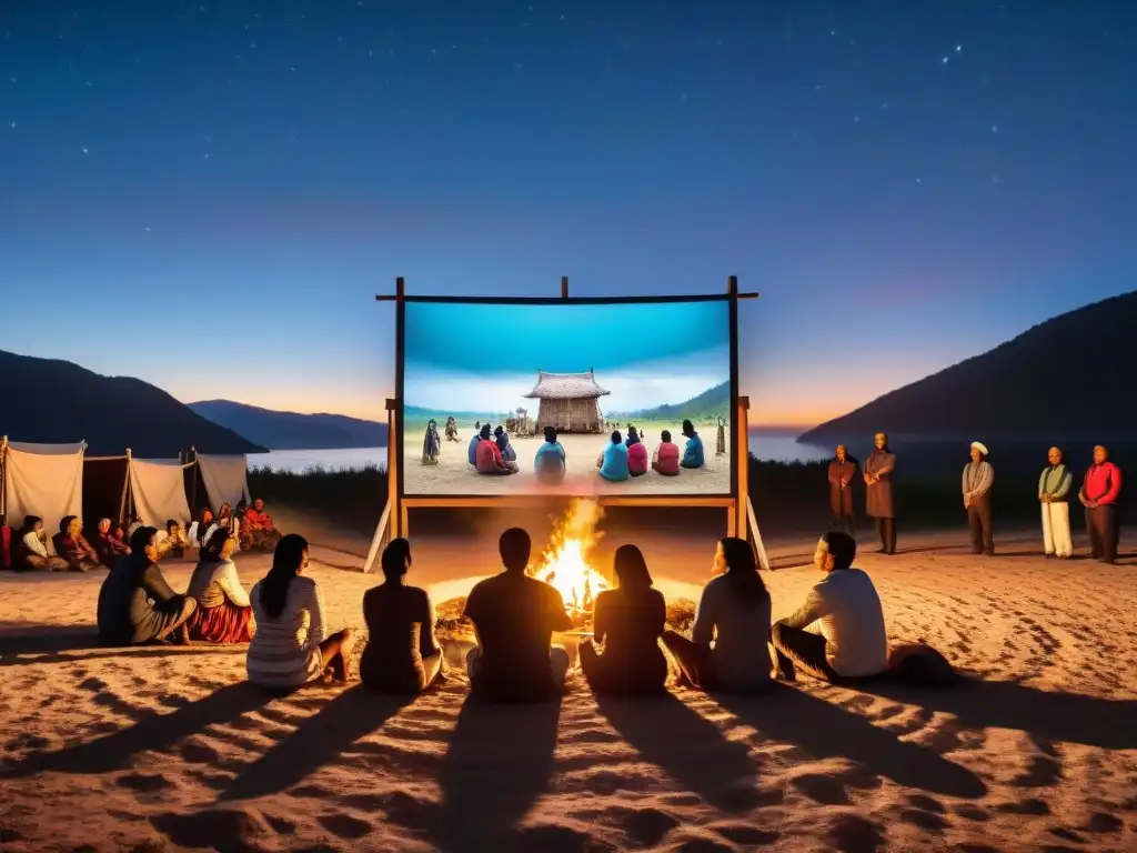 Comunidad indígena viendo película en lenguas alrededor de fogata en la noche estrellada