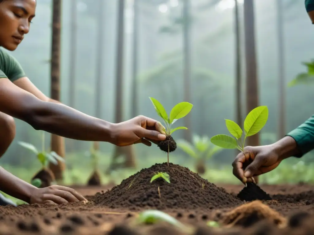 Comunidad indígena liderando reforestación cuidadosa en bosque exuberante