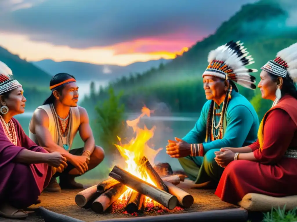 Comunidad indígena junto a fogata: relatos ancestrales bajo las estrellas Comunidad indígena reunida alrededor de fogata bajo cielo estrellado