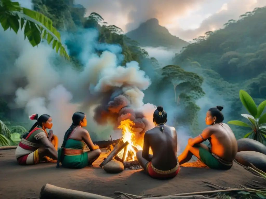 Comunidad indígena reunida alrededor del fuego en la selva, transmitiendo lucha, sostenibilidad y resistencia